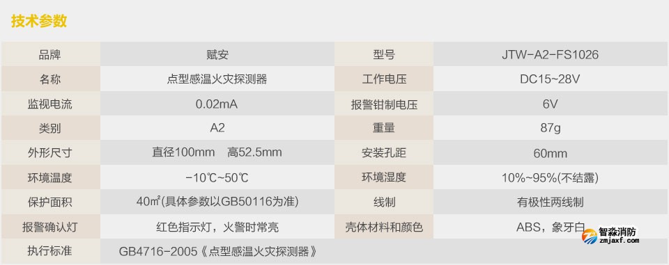 赋安JTW-A2-FS1026点型感温火灾探测器 技术参数